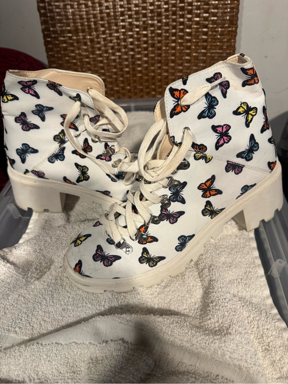 JustFab Cream Lace-Up Platform Boots with Multicolor Butterfly Print